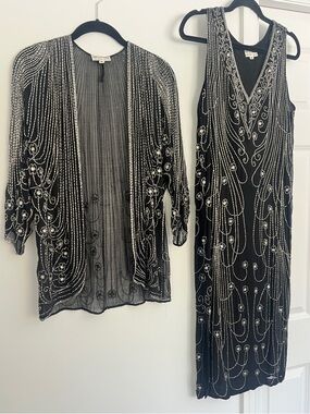 Spectacular Art Deco beaded evening set dress & jacket 100%silk Gatsby Vintage M